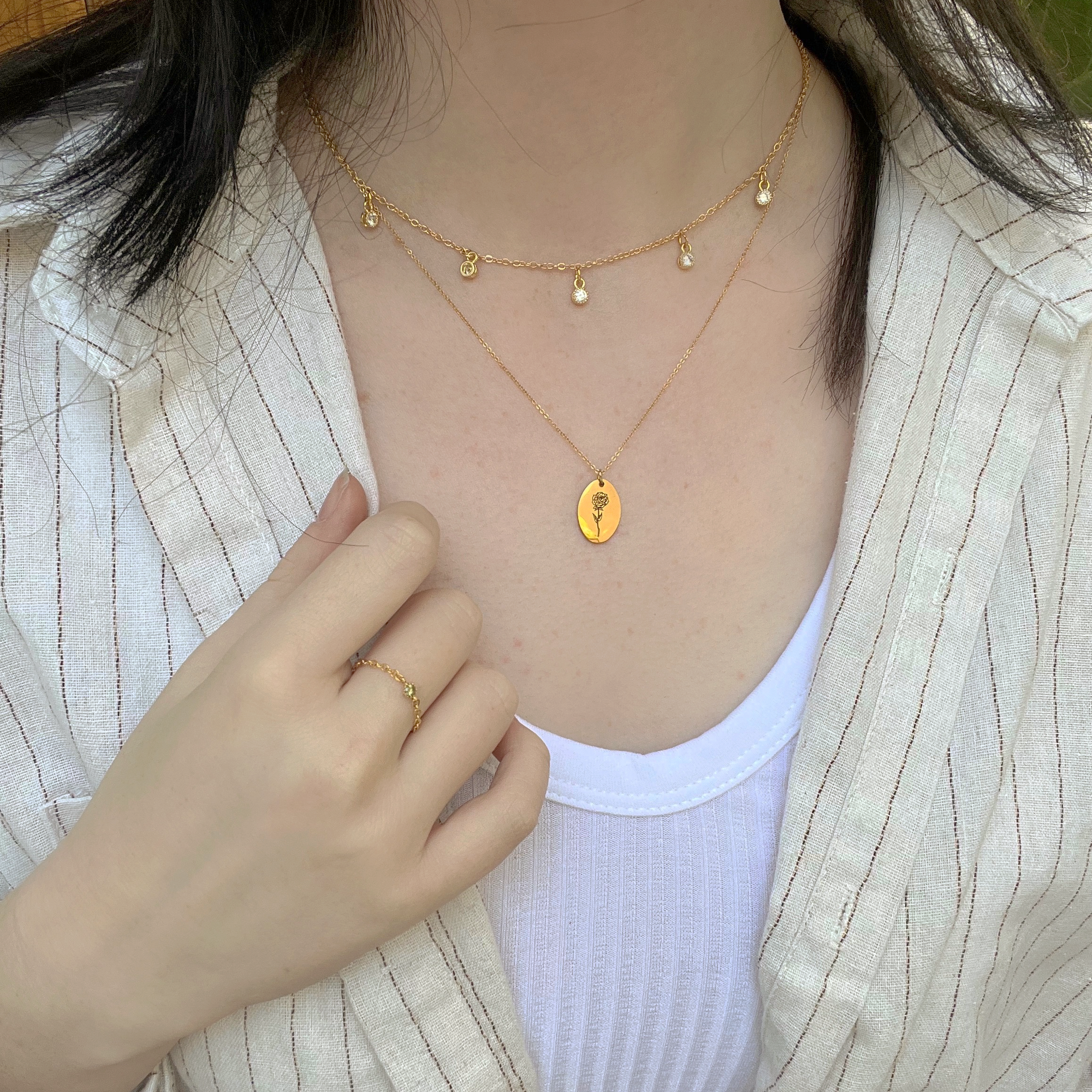 Oval Birth Month Flower Necklace, Oval Flower Pendant Necklace for Mom, Floral Necklace, Mother's Necklace (FN-156)