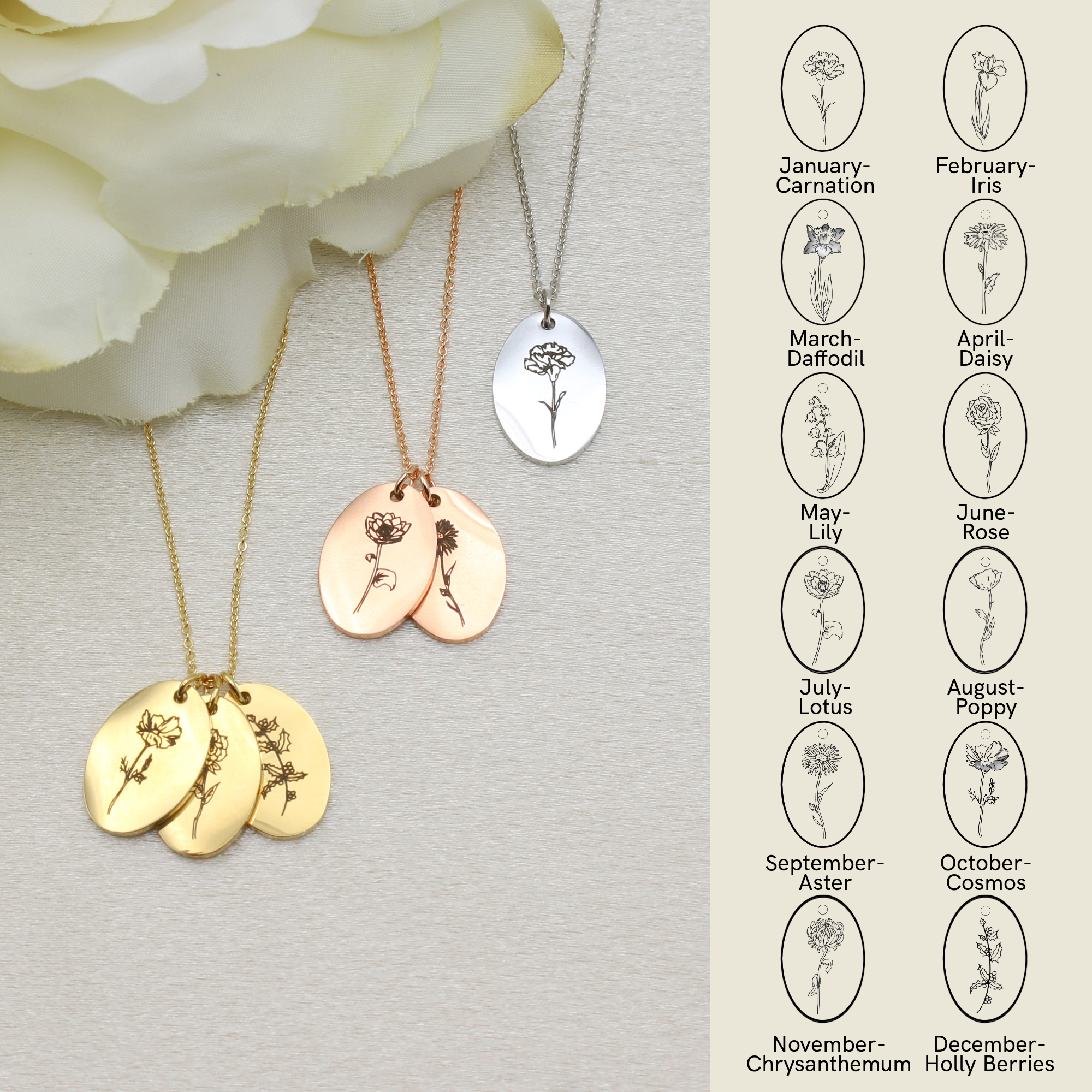 Oval Birth Month Flower Necklace, Oval Flower Pendant Necklace for Mom, Floral Necklace, Mother's Necklace (FN-156)