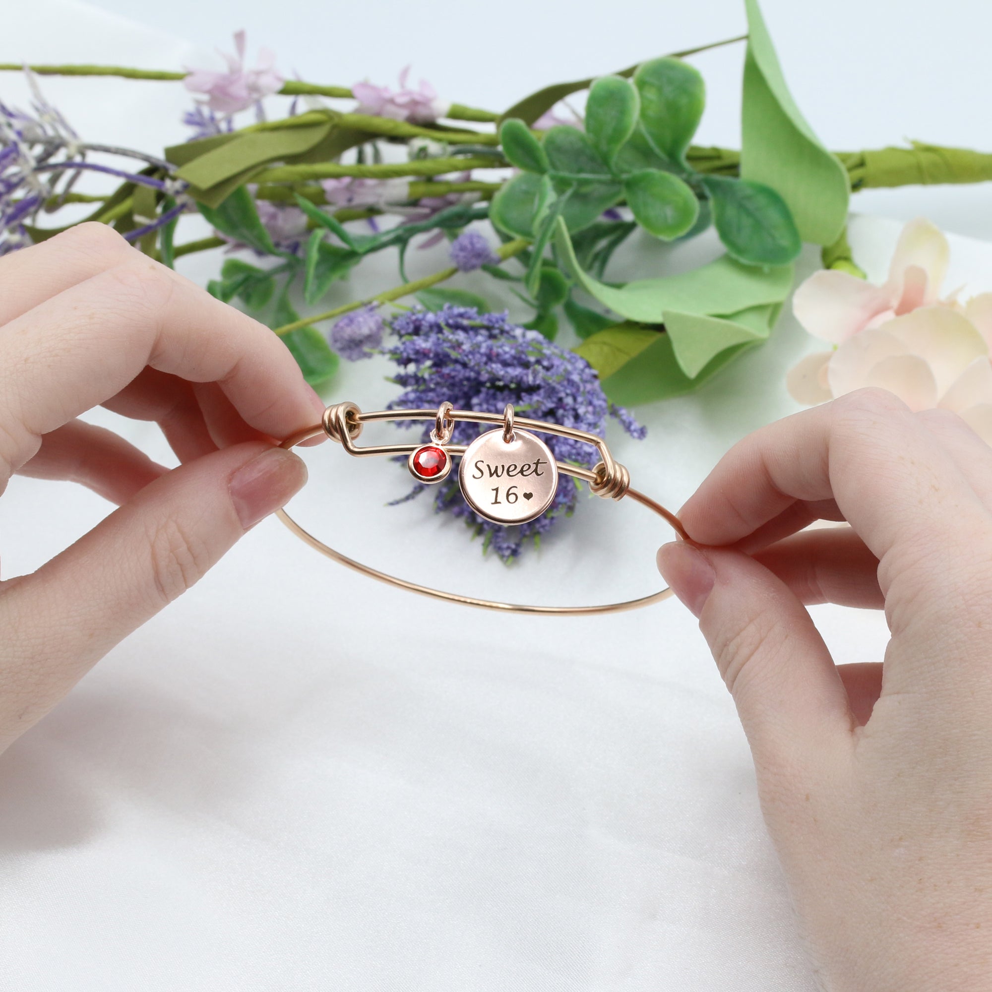 Engraved Bangle Bracelet Birthstone for Women (FB-21)