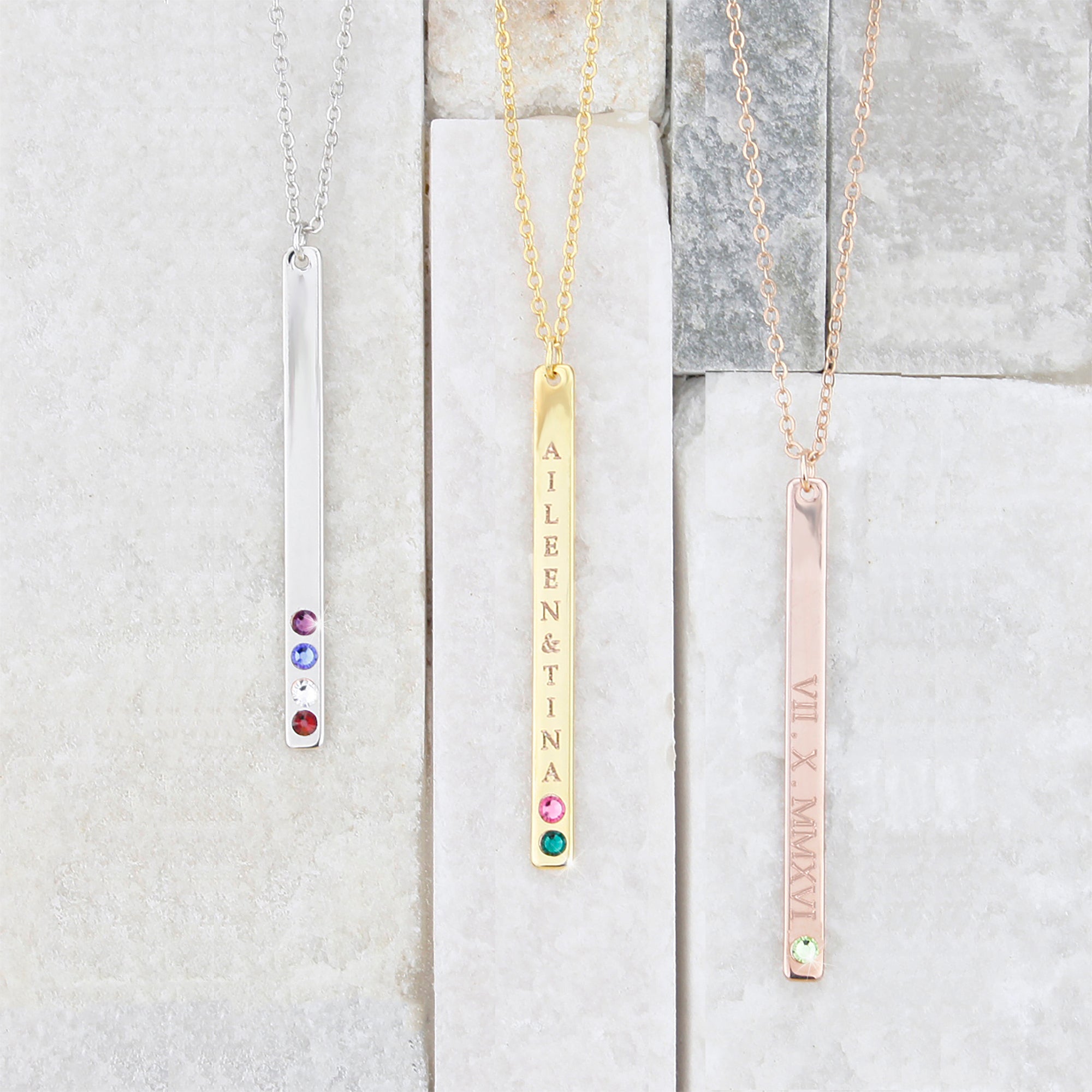 Horizontal Bar Necklace with Birthstones - Rose Gold, Silver, & Gold