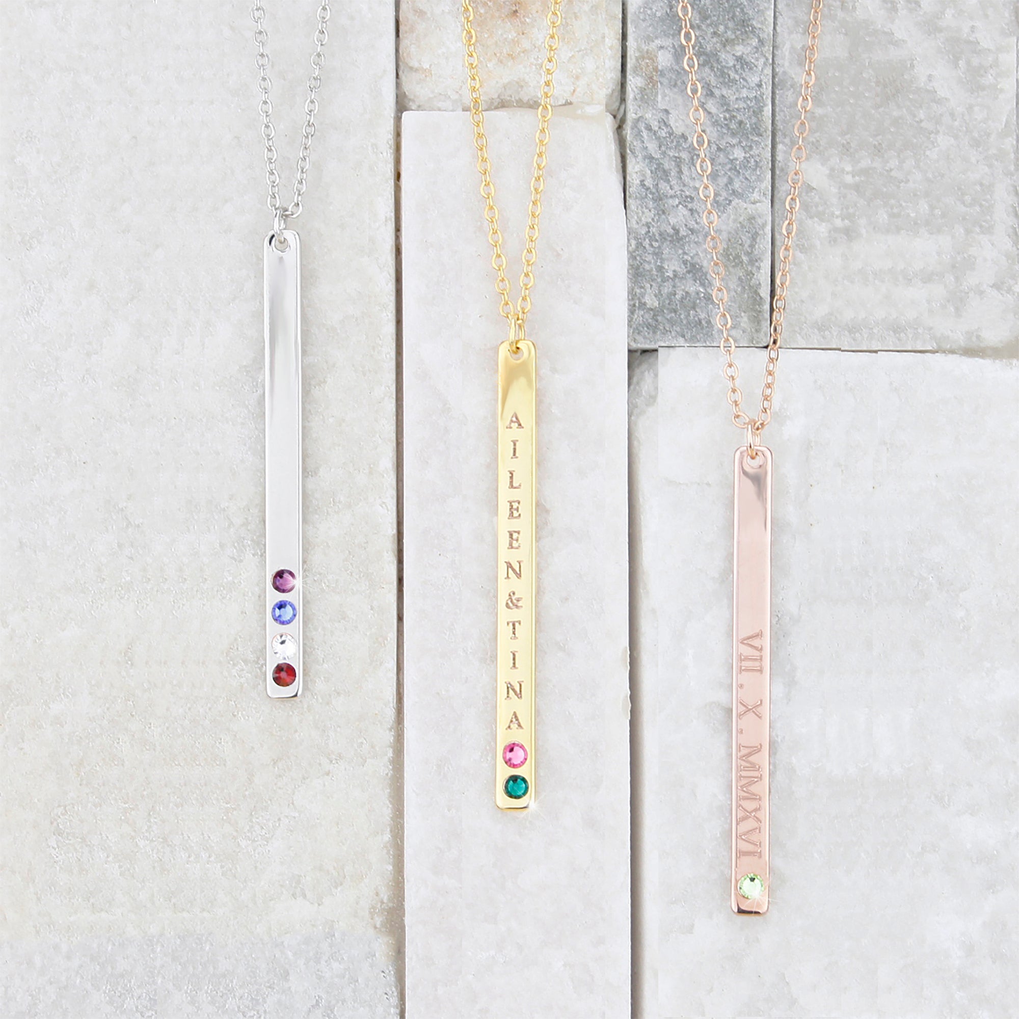 Rose Gold Vertical Bar Necklace Birthstone Necklace Engraved Personalized Jewelry (FN-86)