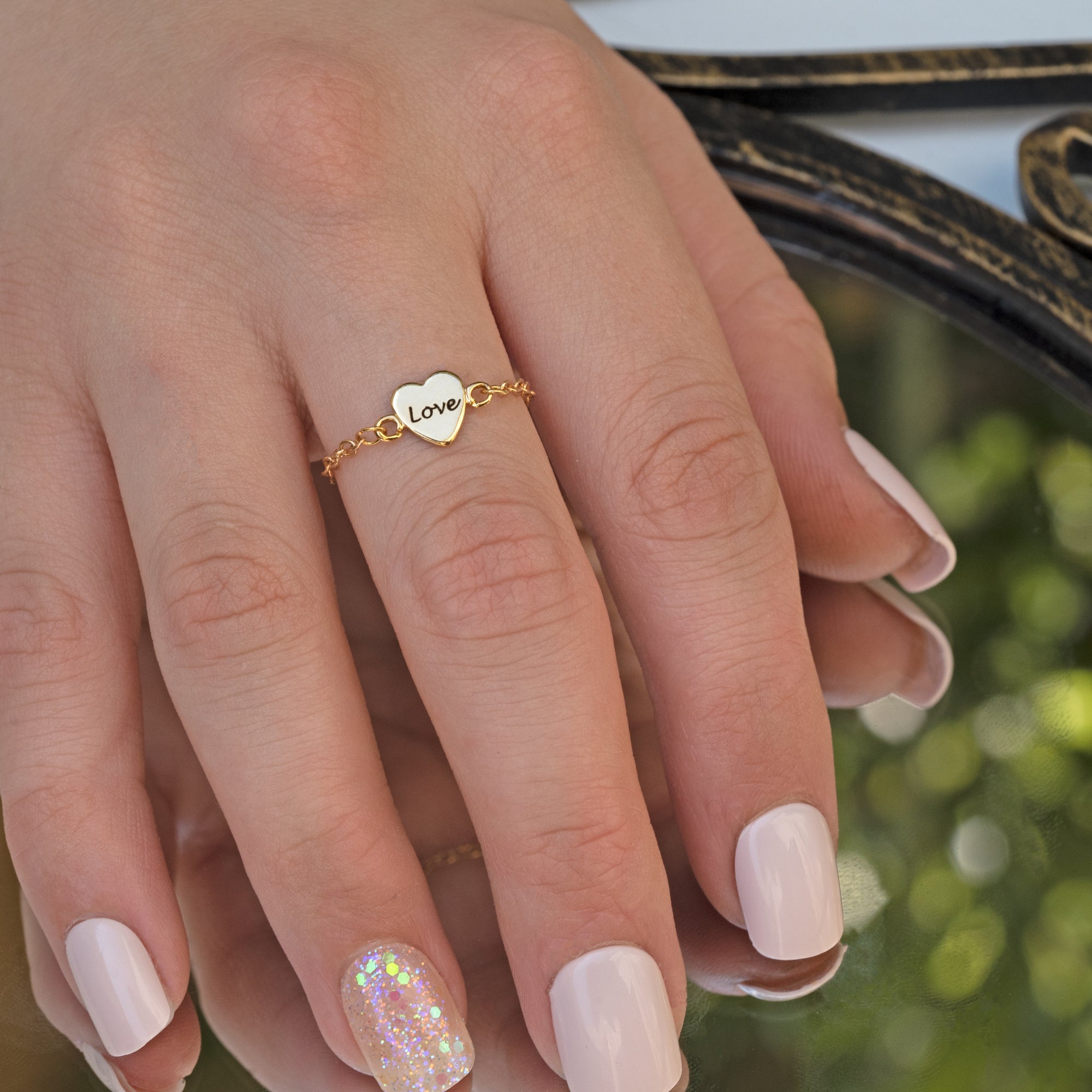 Custom Mini Heart Ring, Heart Chain Ring, Dainty Chain Ring, Minimal Ring Gold (FR-05)